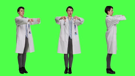 Displeased-physician-showing-thumbs-down-symbol-against-greenscreen-backdrop